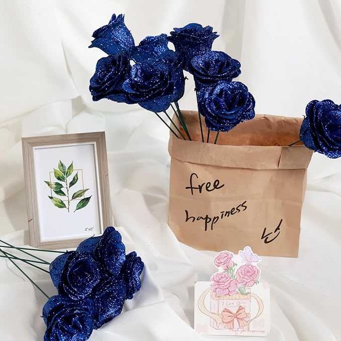 Glitter Roses Bouquet, Shiny Artificial Roses Flowers with Stems DIY Fake Glitter Flowers Bouquet for Valentine's Day, Mother's Day, Anniversary, Graduation, Birthday, Wedding, 24 Roses (Blue)