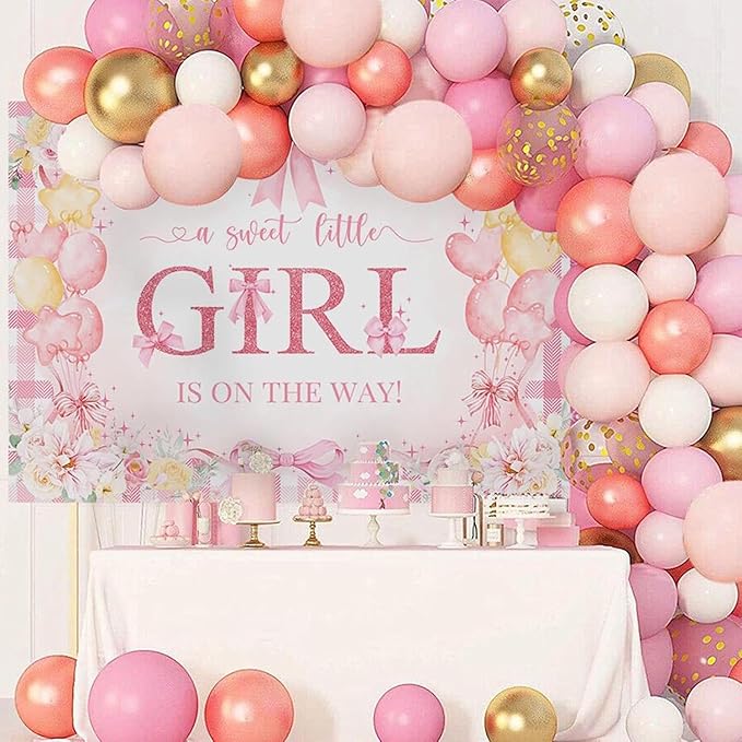 Mocsicka Bow Baby Shower Backdrop Pink Floral Baby Girl Shower Photo Background Banner Sweet Little Girl on The Way Decorations for Baby Shower Party Supplies Photo Props (6x4ft (72x48 inch))