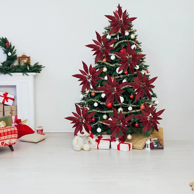 Artificial Flowers 12‘’ Christmas Decoration 4 Pcs Lifeslike Floral Arrangements for Holiday Home Decor Vibrant Colorful Faux Flowers Perfect for Festive Celebrations and Seasonal Decor(Red-1)