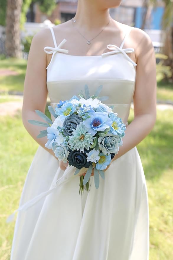 Artificial Flowers Blue Box Set for DIY Bridal Bouquets Wedding Shower Decorations Fake Floral Arrangements for Party Table Centerpieces Home Decor Indoor Outdoor