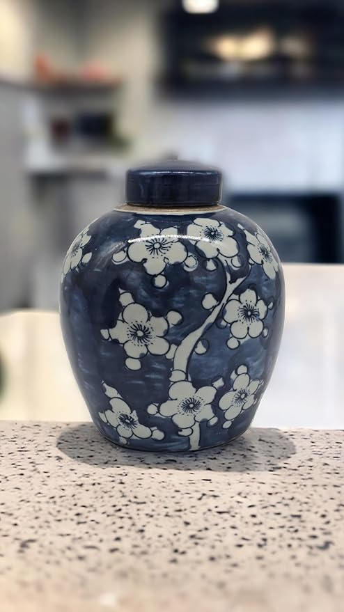 Retro Antique Like Style Blue and White Porcelain Blue Cherry Blossom Plum Flower Ceramic Covered Jar Vase, China Ming Style, Jingdezhen (LJ4)