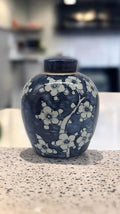Retro Antique Like Style Blue and White Porcelain Blue Cherry Blossom Plum Flower Ceramic Covered Jar Vase, China Ming Style, Jingdezhen (LJ4)