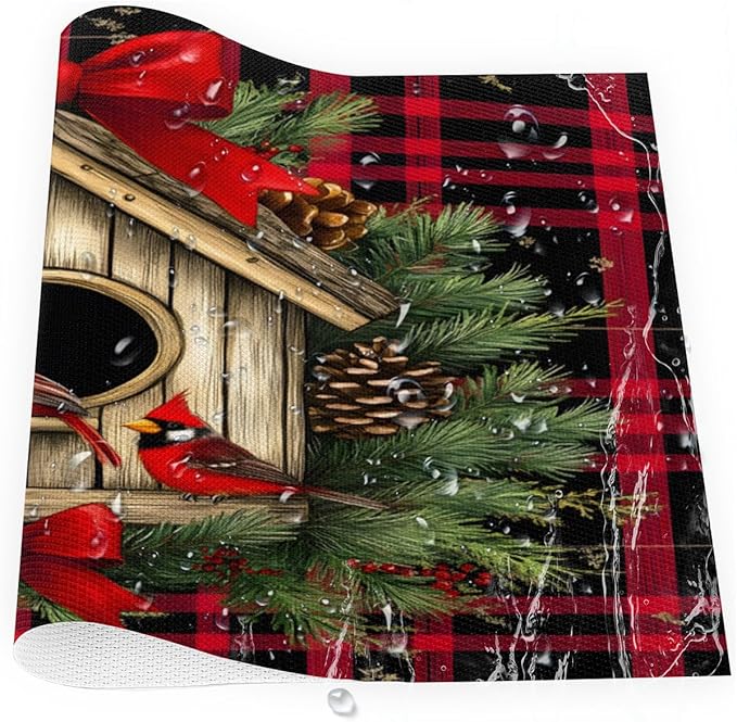 Christmas Art Waffle Cardinal Placemats Set of 6 PVC Vinyl Non Slip Table Mats Heat Resistant Place Mats Washable Wipeable Dining Table Mat for Kitchen Decor Party Indoor Outdoor Decorative Gift