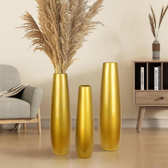 Gold Ceramic Tall Floor Vase,24 Inch Large Modern Flower Vases for Home Décor,Wicker Big Floor Vases Decorations for Farmhouse, Living Room,Bedroom,Standing Plastic Vase Decorative Tall