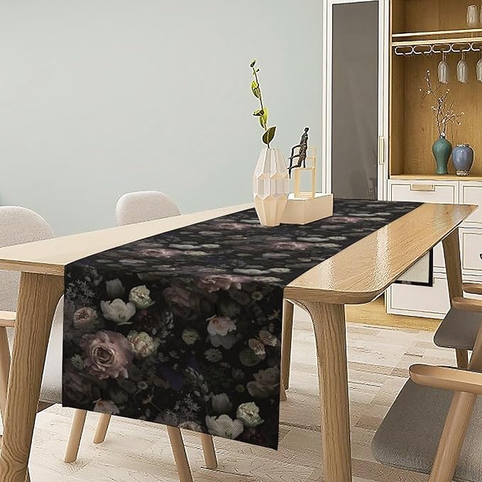 Gothic Floral Table Runner, Vintage Garden Flower Black Witchy Farmhouse Coffee Table Center Decor for Home Kitchen Dining Patio Holiday Party Table Decorations 13x72 inches
