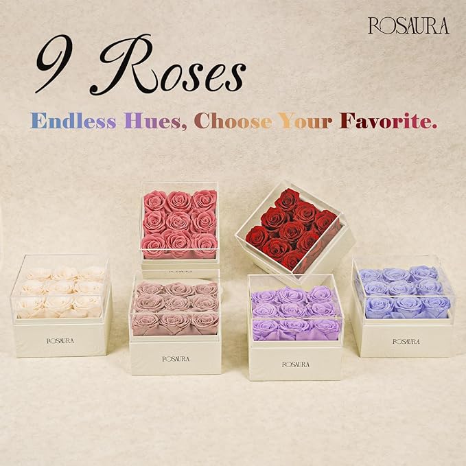 Rosaura Square Preserved Roses Gift Box - Real Forever Flowers in Clear Acrylic Lid, Valentine's for Women (red, 9 Roses)