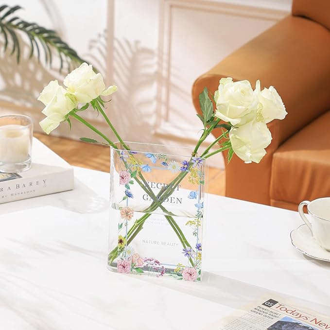 Book Vase, Acrylic Book Vase for Flowers, Book Flower Vase Clear, Book Shaped Vases, A Book About Flowers Vase, Modern Decorative Vases for Home, Office, Bedroom, Living Room, Dining Table