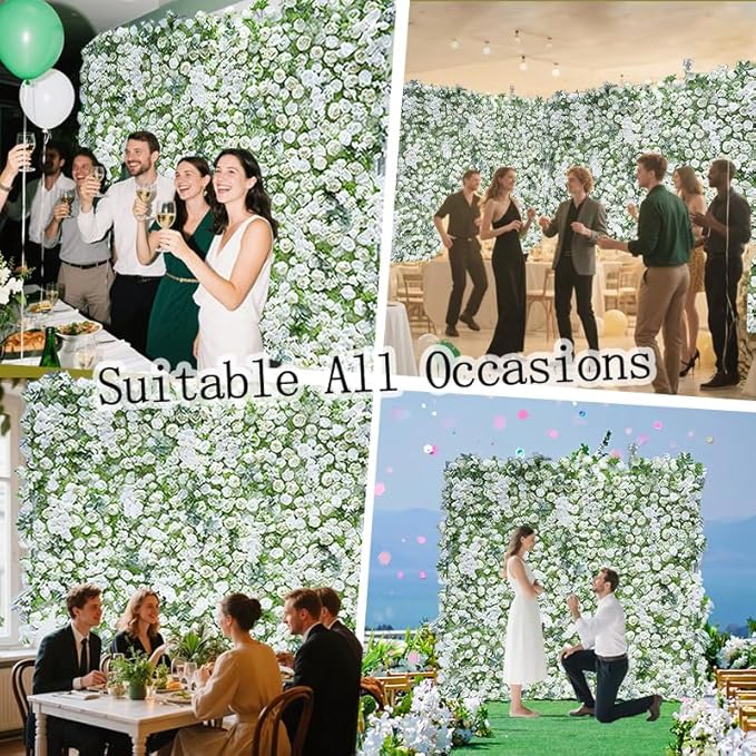 8x8ft(2 pcs of 4ftx8ft) Artificial Silk Fabric Flower Wall Cloth-Based Background 5D White Rose Fabric Rolling Up Floral Backdrop for Wedding Baby Shower Party and Home Decor