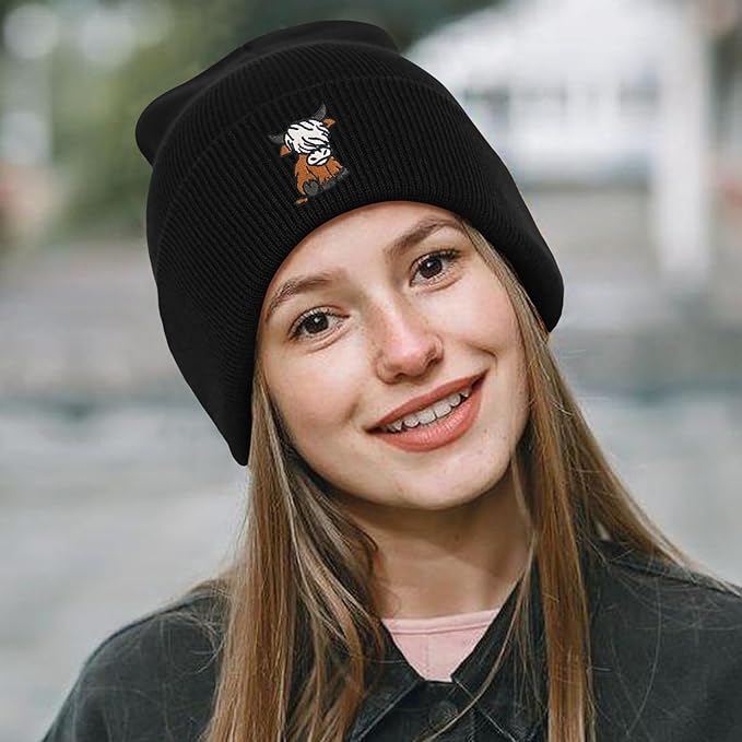 Scottish Highland Cow Beanie Hat, Cute Funny Cow Embroidery Winter Knit Skull Cap for Adult Men Women