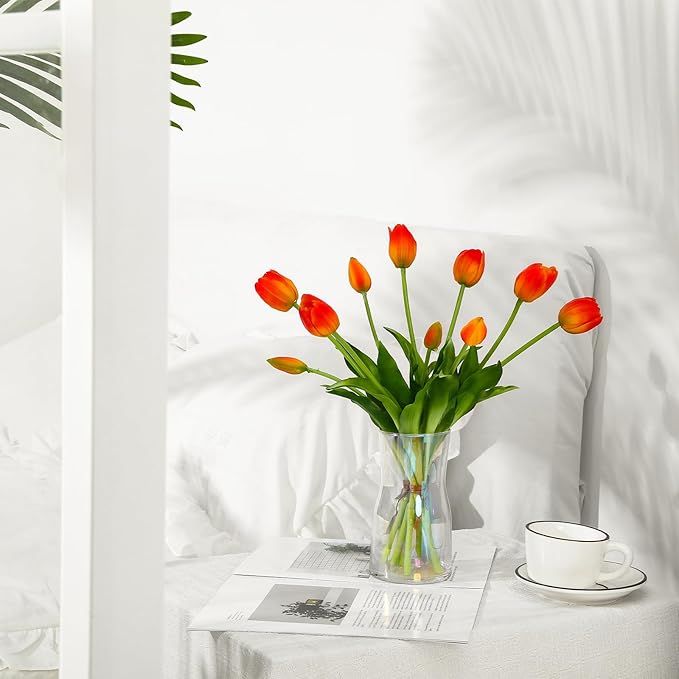 Fake Tulips Artificial Flowers Real Touch Latex Faux Tulips Fake Flowers Bouquet for Table Home Decor Party Wedding Garden Decoration (10pc Orange)