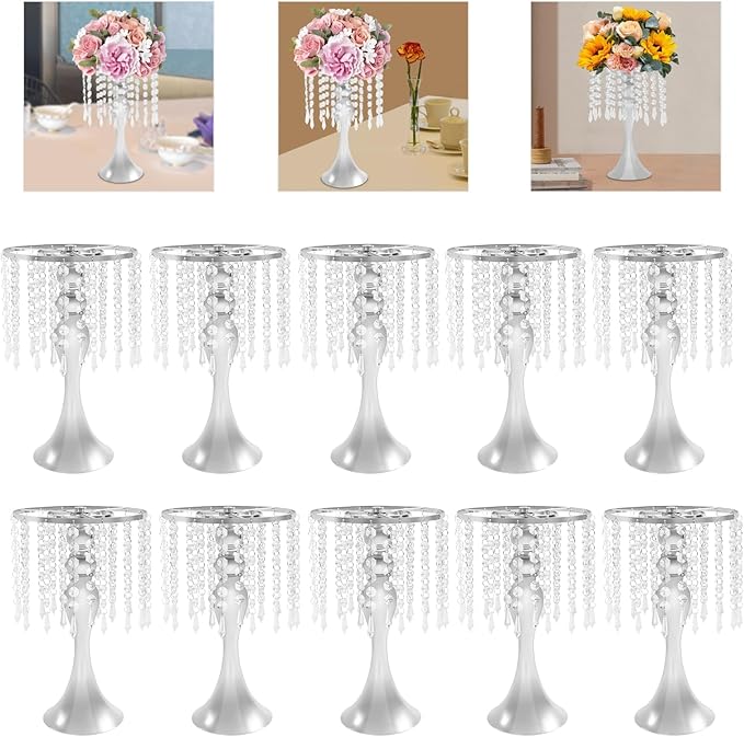 Flower Stand Vase, 10 Pcs Glam Crystal Wedding Reception Decorations with Sparkling Beads Table Center Display Flower Arrangement Flower Stand Metal Vase for Event Party Decor (Silver, H:13.78in)