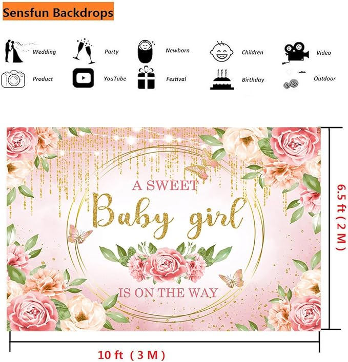 Sensfun Pink Floral Baby Girl Decorations - Glitter Gold Blush Flower Banner for Sweet Girls Baby Shower Party Supplies - 10x6.5ft