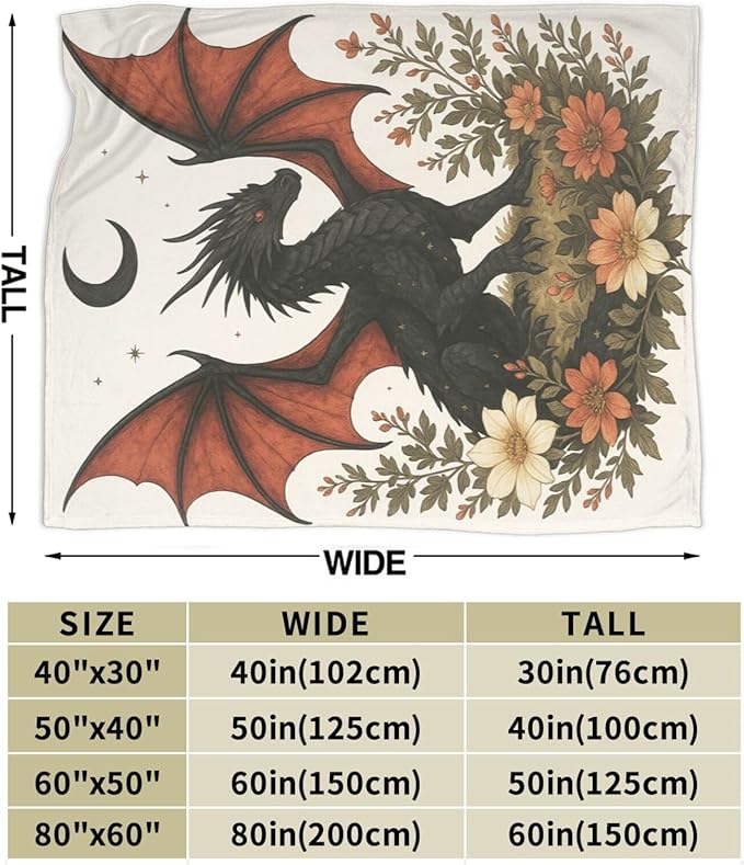 Black Dragon Blanket Floral Dragon Throw Blanket Soft Cozy Fleece Fuzzy Stuffed Plush Flannel Gifts for Girls Women Boys Kids Adults 60"X80"