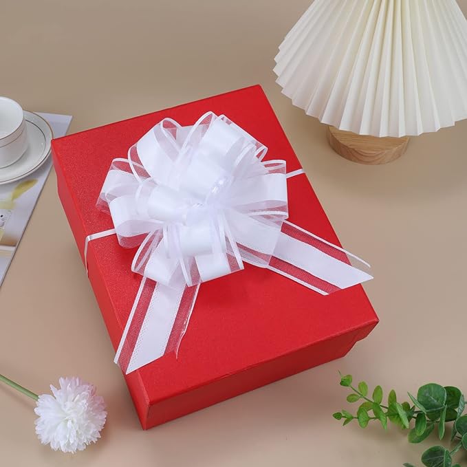 12 Pieces Pull Bow Wrapping Pull Bow Ribbon Pull Bows for Wedding Baskets,6 Inches Diameter Gift Bows, Large Bows for Presents. (White)