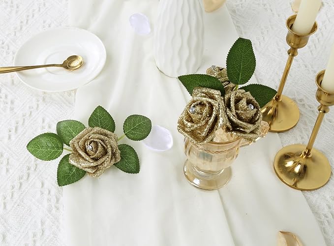 IPOPU Gold Roses,25PCS Glitter Roses Bouquet Gold Artificial Roses with Crystal for Christmas Wedding Bouquet Home Party Decoration(Gold)