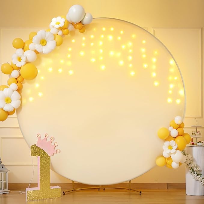 6.6 FT Ivory Round Backdrop Cover with Lights String for Circle Arch Stand Circle Backdrop Covers with LED Fairy Lights for Wedding Arch Baby Shower Birthday Party Photo Shoot Photography Background