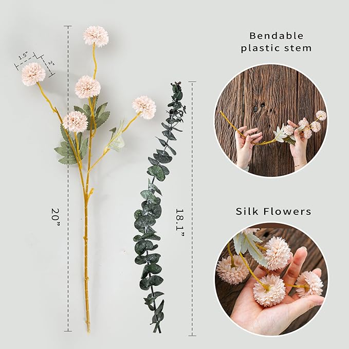 6 Artificial Silk Flowers + 3 Eucalyptus, Artificial Chrysanthemums with Stems for Home Decor,Bumnt Beige