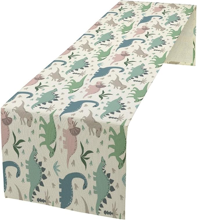 Cartoon Dinosaur Table Runner,Kids Boys Cute Colorful Animal Dino Abstract Print Tablecloth Burlap for Hotel Indoors Outdoor Dining Room Kitchen Holiday Party, 13x90in