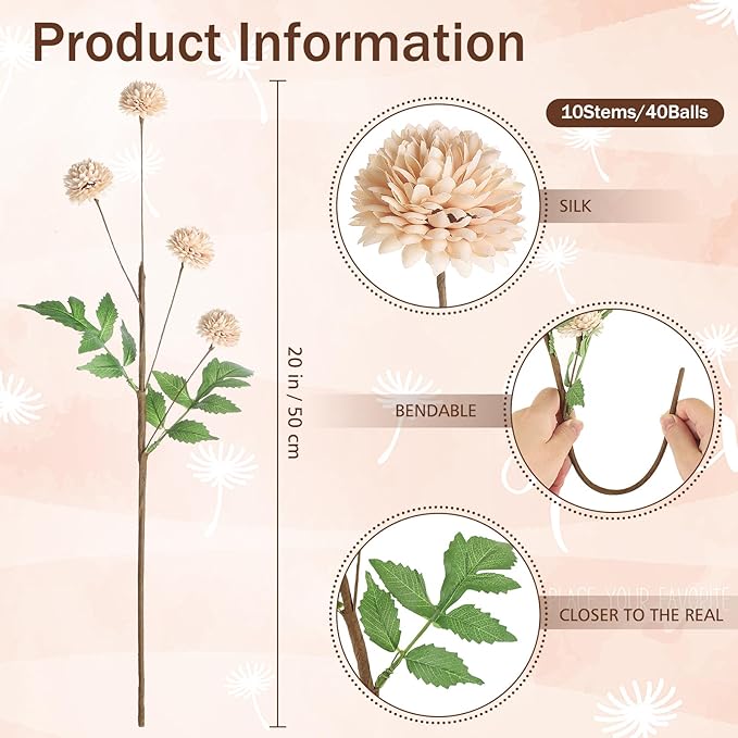 Beige Fake Mums Silk 10 Stems 19.7", Faux Flowers for Vase, Faux Pom Pom Mums Long Stem, Mini Artificial Flowers Bulk Chrysanthemum Floral Arrangements.