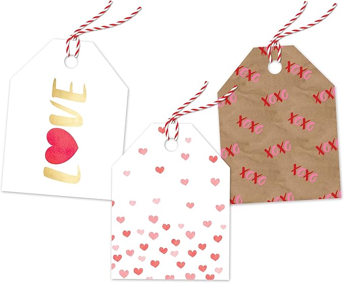 Pro Supply Global 24 Count of 2.5 Inch x 3 Inch Pre Strung Valentine's Day Fading Hearts Gift Tag Assorted Printed Designs on Large Cardstock Gift Hang Tags - Ideal to Use on Bags
