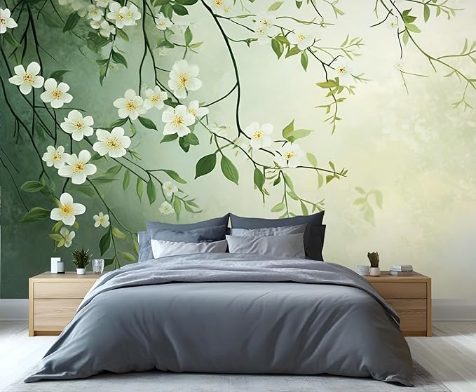 Spring Blossom Floral Wall Mural, Minimalist White Floral 3D Wall Murals, Elegant Botanical Wallpaper Mural, for Living Room Bedroom Large Wallpaper Indoor Decor 169.3" W x118.2 H