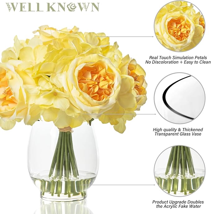 Artificial Flowers in Vase, Silk Austin Rose & Hydrangea Yellow Flowers with Fake Water, Real Touch Fake Flower Arrangements for Home Hotel Office Wedding Dinning Table Centerpiece Decor & Gift
