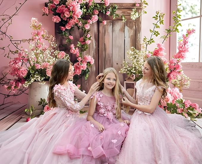 AOTOFO 7x5ft Rustic Wood Floral Backdrop for Baby Shower Newborn Studio Picture Photography Wooden Door Pink Flower Wall Background Wedding Bridal Shower Birthday Party Photoshoot Booth Banner