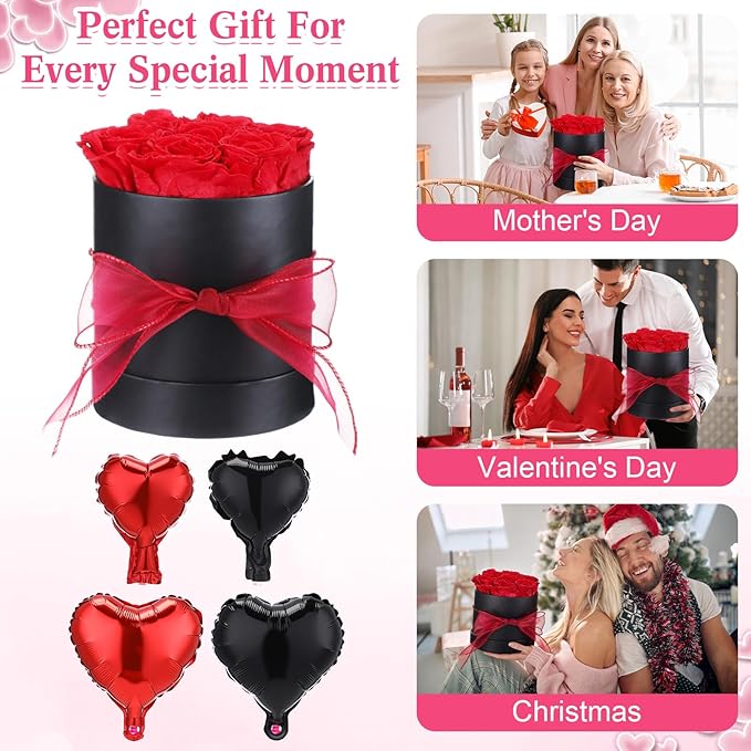 Red Preserved Roses in Box 7 Preserved Forever Flower in a Round Box Last 1-3 Years with Heart Balloon Christmas Surprise Gift for Women Loved One Mom Valentines Anniversaries Need Assembly