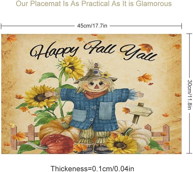 Autumn Scarecrow Placemats Farmhouse Rustic Vintage Brown Sunflower Pumpkin Flower Maple Thanksgiving Placemats Table Kitchen Dining Party 12x18 Inch Set of 4
