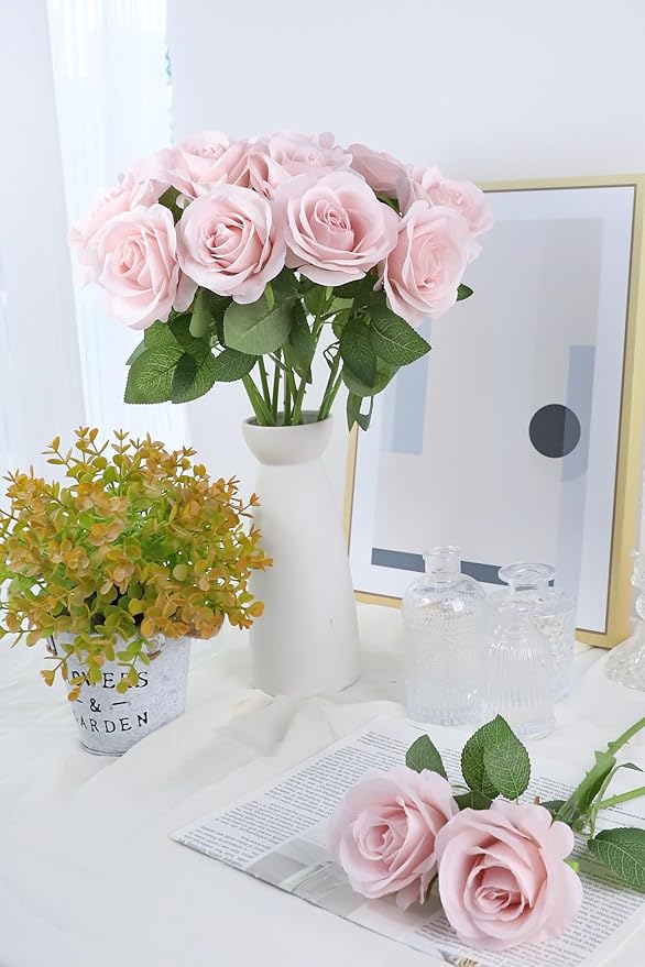 50pcs Roses Artificial Flowers Real Touch Fake Flowers with Long Stems Silk Flowers for Wedding Bouquet Centerpices Decorations Party Bridal Baby Shower Home Decor (Dusty Pink)