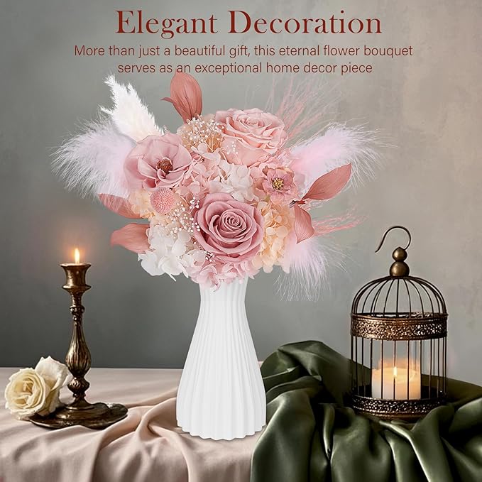 Preserved Bouquet of Flowers - Real Roses & Flowers for Delivery, Long-Lasting Dusty Pink Forever Camellia Flowers, Eternal Roses Bouquet for Mothers, Mom, Wife Anniversary Birthday Gifts for Women