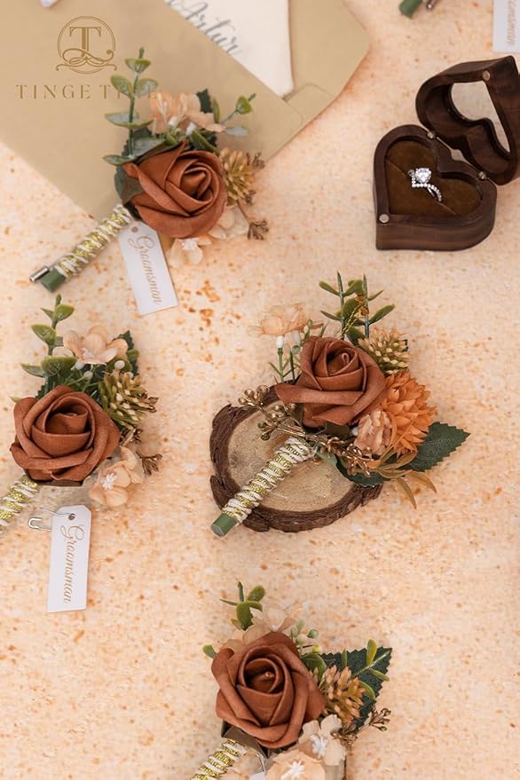 TINGE TIME Boutonniere for Men, Groom and Best Man Boutonniere for Wedding Ceremony Anniversary, Formal Dinner Party and Rustic Fall Wedding Marriage (Terracotta)