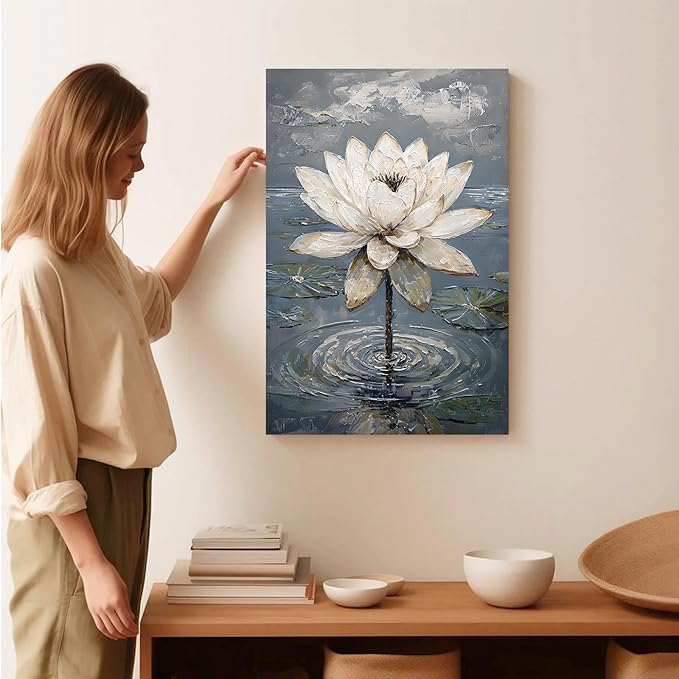 Stunning white lotus emerges from prismatic water with delicate petals background Serene aquatic wall art suitable for modern minimalist decor 28x40in Wood Framed