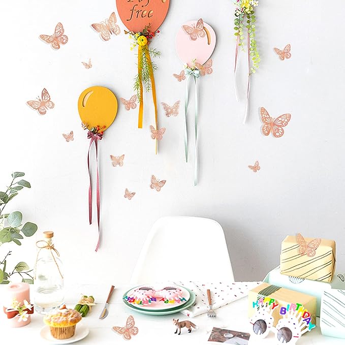 144 Pcs Rose Gold Butterfly Stickers 3D Butterflies Wall Decals Glitter 6 Styles and 3 Sizes Decorative Wall Stickers Butterfly Party Decorations, Butterflies for Cake Decorating