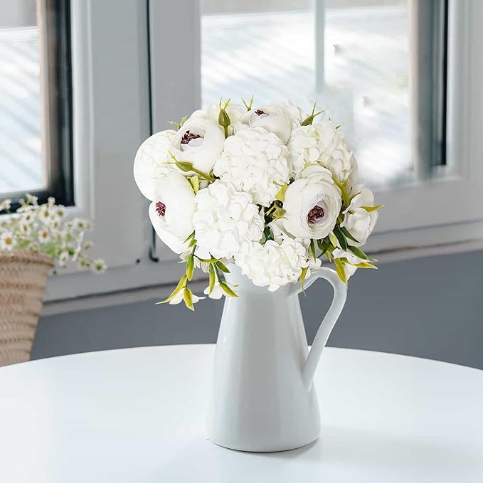 Zerzsy Artificial White Peony Flower Bouquet with Green Leaves Stem, Silk Flowers Bouquet Fake Peonies Flower Arrangements Vase Decorating for Centerpiece Table Wedding Party Home
