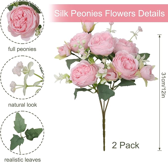 SOMYTING Artificial Peony Flower, Silk Peonies Bouquet Fake Flowers Faux Floral Arrangements Dining Table Centerpieces for Home Kitchen Bridal Wedding Party Decor (Light Pink, 2PCS)