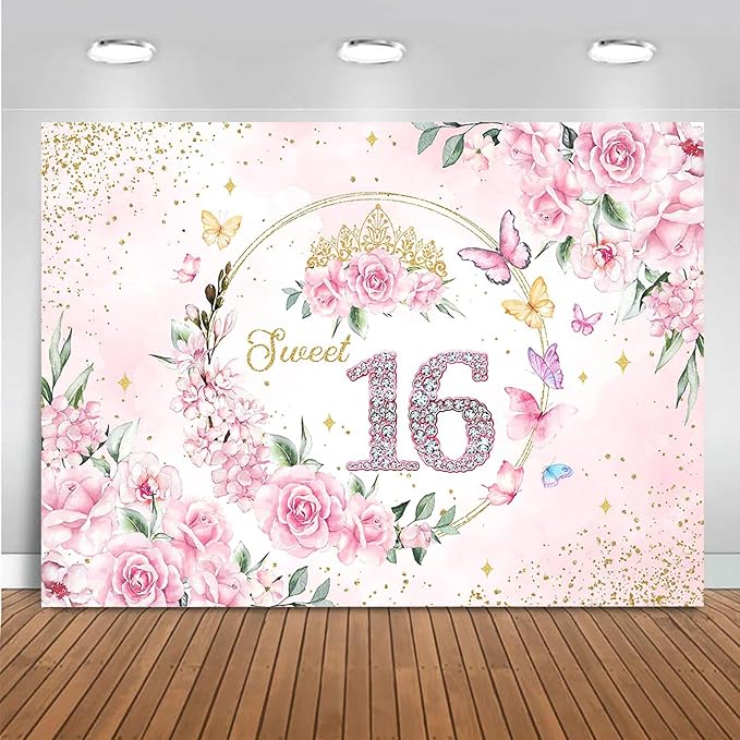 Mocsicka Sweet 16 Backdrop Rose Gold Sweet Sixteen Party Decoration Girls Pink Floral Gold Glitter Butterfly 16 Birthday Banner for Photoshoot (5x3ft)