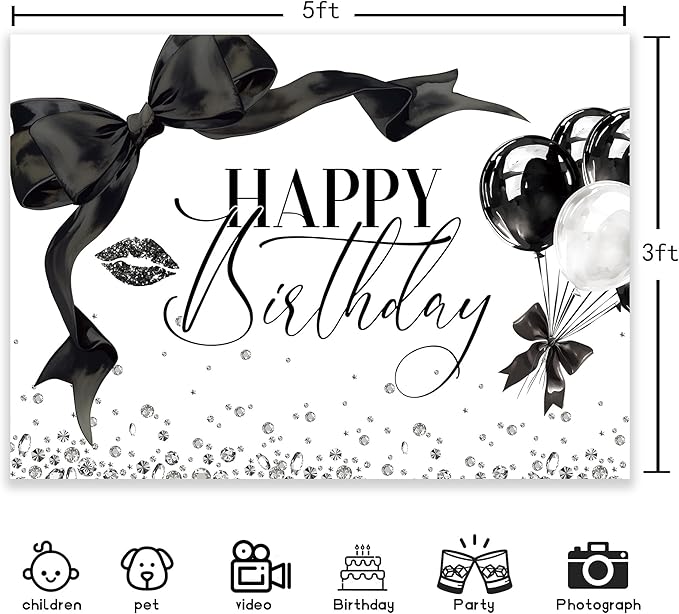Black Bow Happy Birthday Banner Backdrop 5Wx3H Photography Girls Coquette Birthday Decorations Black White Bowknot Balloons Background Women Party Decorations Photo Booth Props Supplies