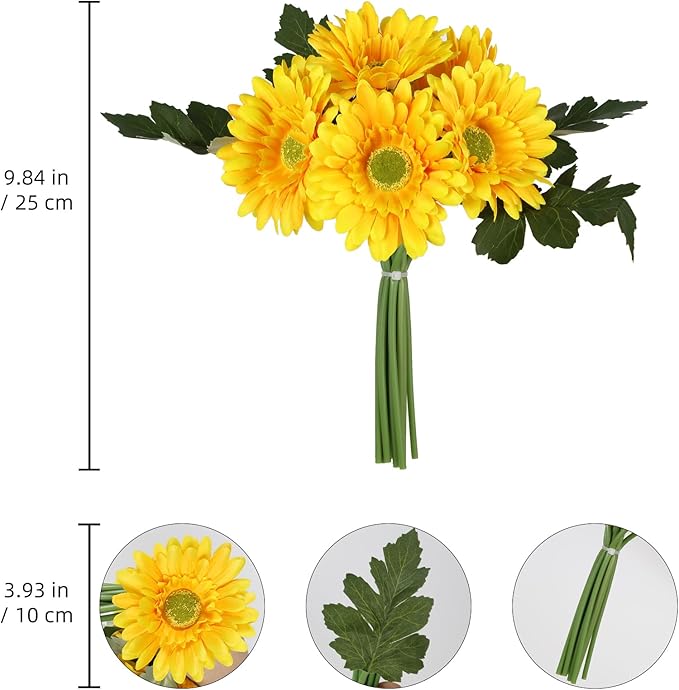 IPOPU 2 Bundles Artificial Gerbera Daisy Flowers 14 Heads Yellow Fake Daisy with Stems Faux Silk Daisy Flower for Wedding Bridal Bouquet Party Floral Arrangements Home Table Centerpiece Decor (Yellow)