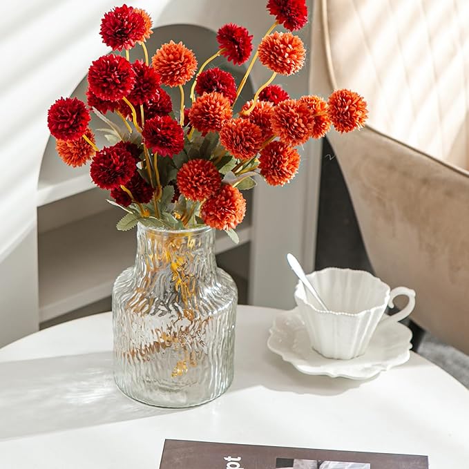 6 Artificial Silk Flowers + 3 Eucalyptus, Artificial Chrysanthemums with Stems for Home Decor,Bumnt Orange and Red Mix