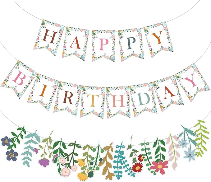 XunYee 3 Pcs Wildflower Birthday Decoration Flower Happy Birthday Banner Boho Wildflower Happy Birthday Banner Garland Flower Hanging Decorations Birthday Party Decorations for Girls Women