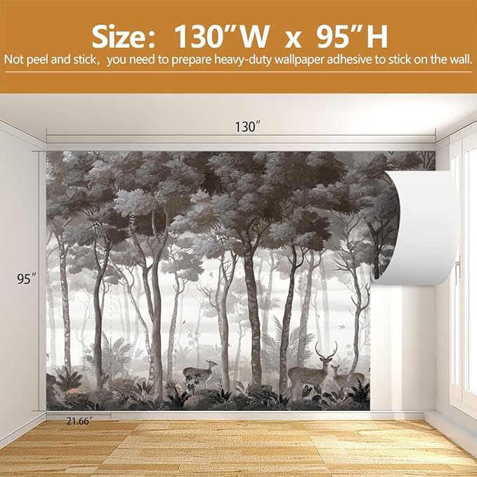 Vintage Forest Wall Mural Dark Trees Animals Wallpaper for Living Room Bedroom（Not Peel and Stick）