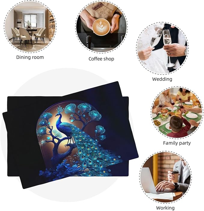 Blue Peacock Placemats Set of 6, Peacock Tree Place Mats Washable Double-Sided Table Mats for Kitchen Dining Room Home Party Indoor Decor 6 PCS 12x18 Inch