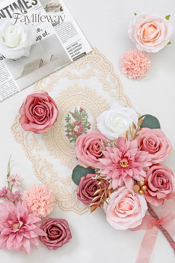 Artificial Flowers, Pink Silk Flowers for DIY Wedding Bouquets, Fake Cake Flowers for Centerpieces,Party, Table,Arrangement, Home Decor