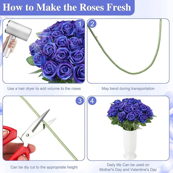 80 Pcs Roses Artificial Flowers,Silk Royal Blue Rose Artificial Flowers,Fake Blue Roses Petals Long Stem Roses for Wedding Bouquet Home Party Decor
