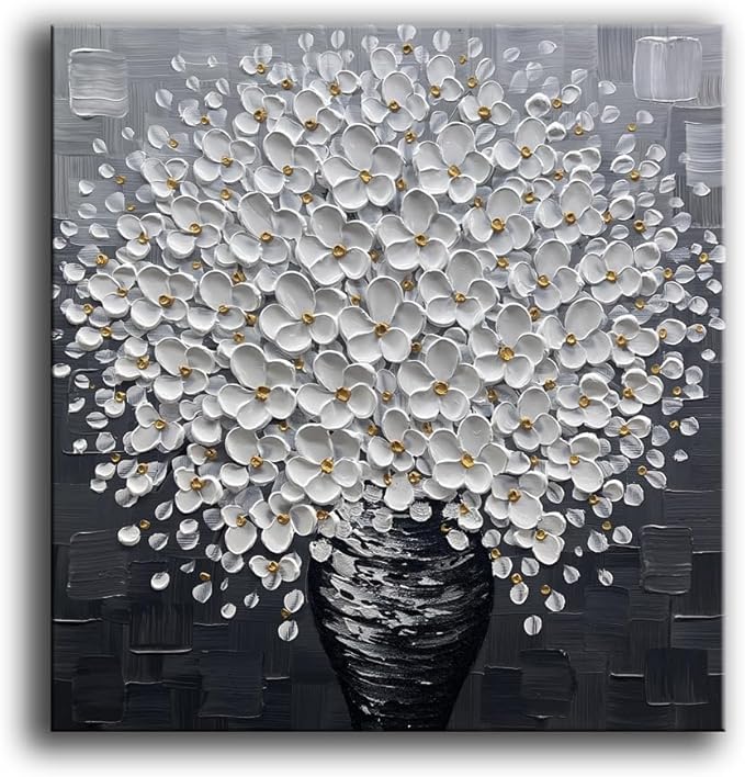 YaSheng Art- 3D Thick Texture Black and White Canvas Wall Art Hand-Painted Minimalism Abstract Artwork Oil Painting Home Decorations Modern bedroom Wall Art Ready to Hang 24x24inch