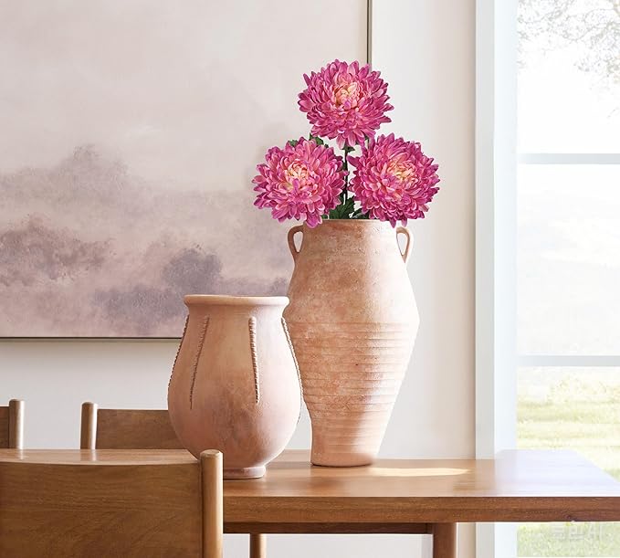 Hollyone 3Pcs Fake Mums Flowers Pink Artificial Chrysanthemum Flowers Silk 30" Long Stem Floral Arrangements Bouquets Faux Spider Mum Flower Pincushion Flower Bush Spring Home Decor