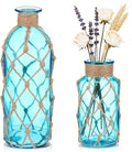 Chuangdi Set of 2 Coastal Glass Vases for Flower Small Flower Vase with Boho Rope Wrapping Beach Decorative Bottle for Coastal Nautical Table Centerpiece Wedding Floral Arrangement Decor(Aqua Blue)
