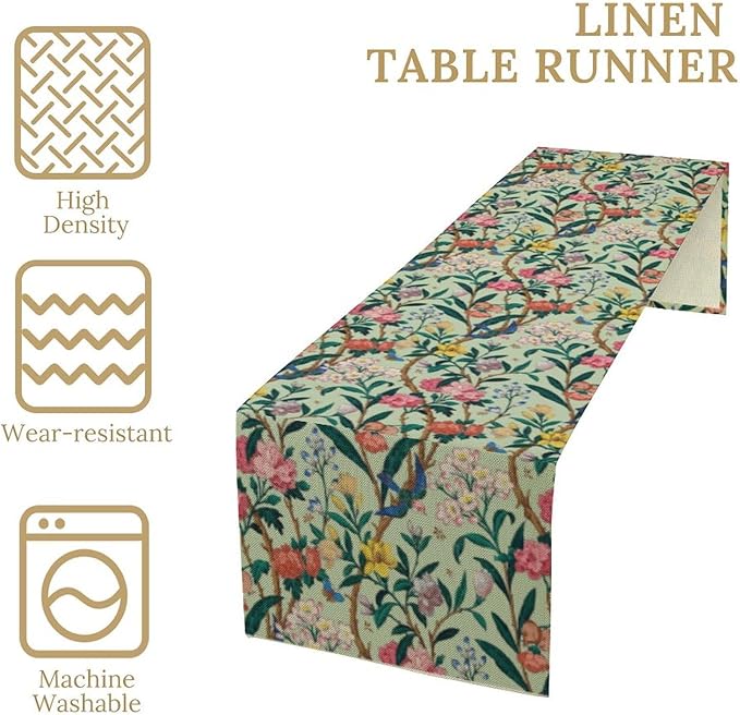 William Morris Floral Table Runner, Birds Butterflies and Bees Botanical Flower Original Design Print Table Runner for Home Party Dining Room Kitchen Decor 13x120 Inch