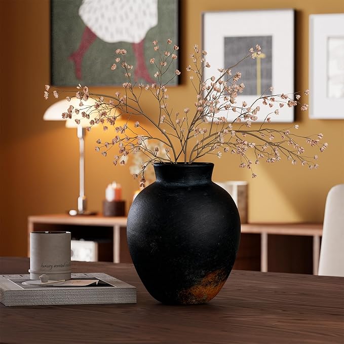 Ceramic Flower Vase, 6 Inch Decorative Rustic Vase Farmhouse Boho Vase for Centerpieces,Terracotta Vases for Home Decor, Living Room,Shelf,Wedding,Black
